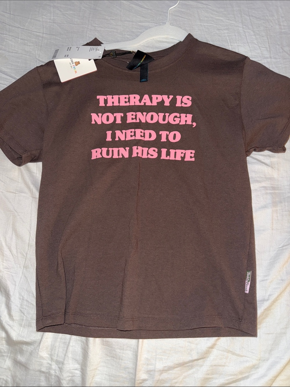 Teddy Fresh Brown Tee with Pink Slogan Text